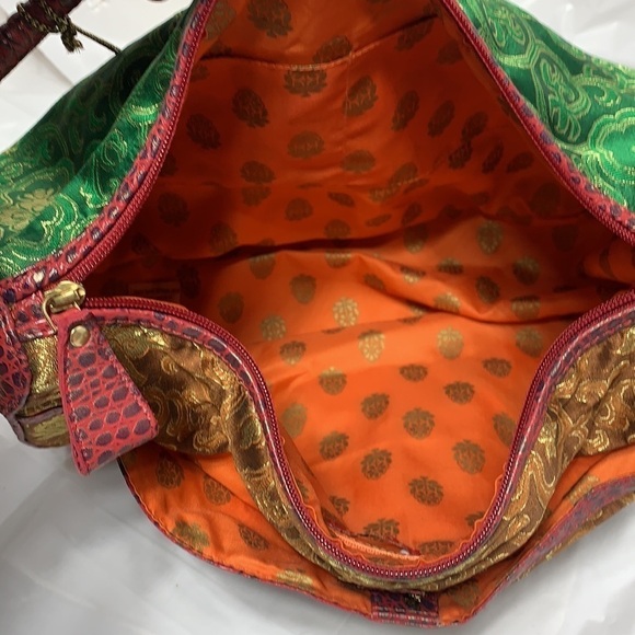 HOLII Green Orange Leather and Fabric Bag Eastern Indian Designs Gold leaf NWT - Picture 7 of 9